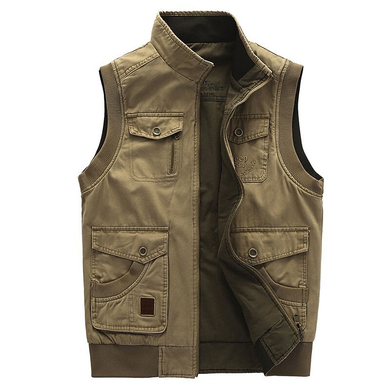 Men's Gilet Daily Wear Vacation Going out Fashion Casual Spring &  Fall Multi Pocket 95% Cotton Comfortable Plain Zipper Stand Collar Regular Fit khaki Army Green Vest2