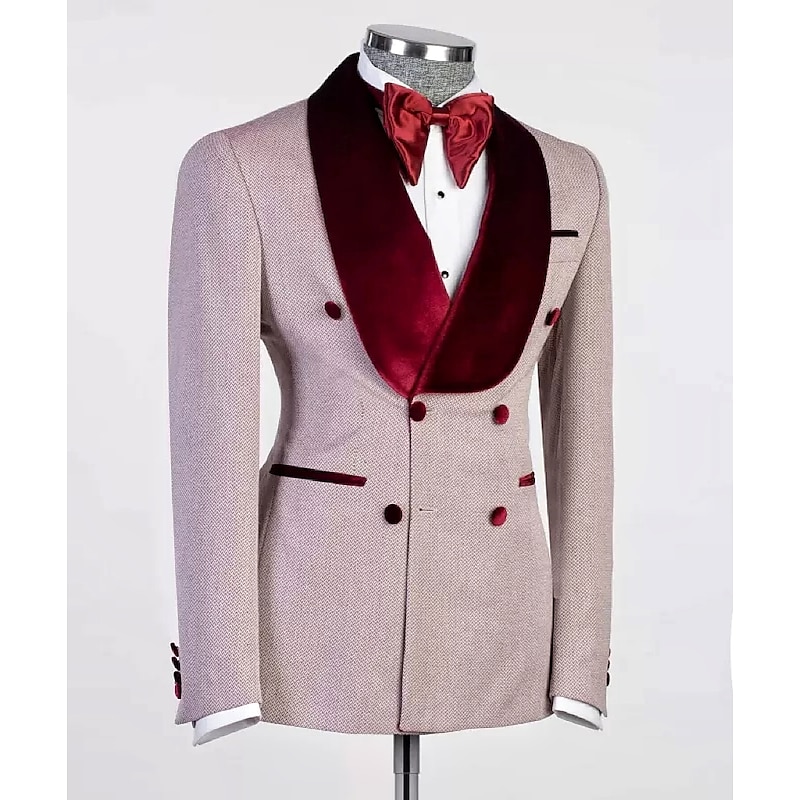 Men's Wedding Prom Suits Shawl Collar Burgundy Patterned Tailored Fit 2 Piece Single Breasted Two-buttons