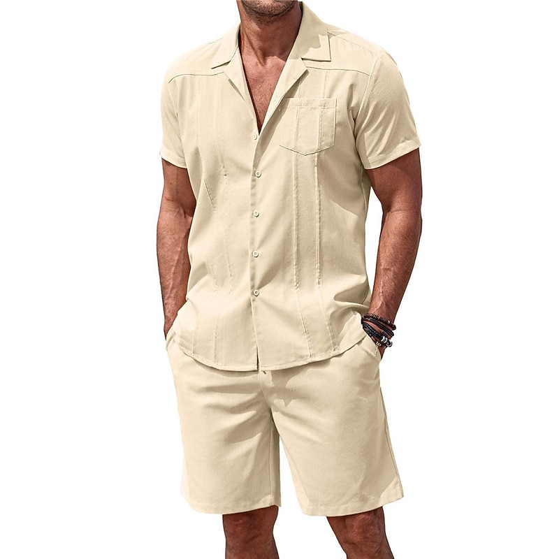 Men's Guayabera Shirt 2 Piece Shirt Set Casual Shirt Summer Shirt Black White Blue khaki Short Sleeve Plain Camp Collar Daily Vacation Front Pocket Clothing Apparel Fashion Casual Comfortable