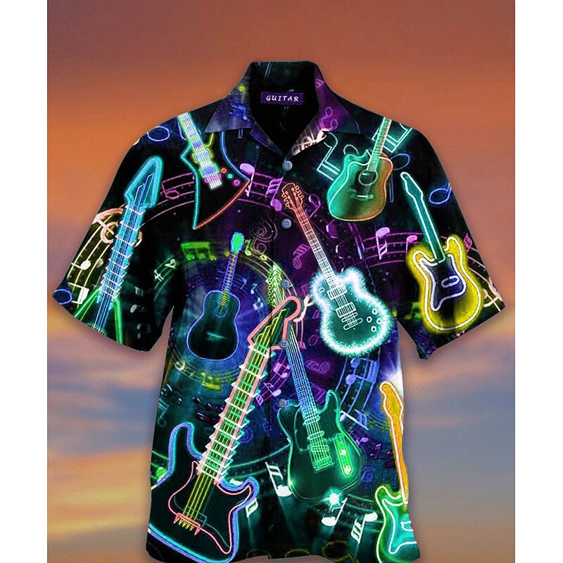 Men's Boardmasters Musical Instrument Shirt Summer Hawaiian Shirt Button Up Shirt Short Sleeve Designer Beach Holiday Spring & Summer Turndown 3D Print Black Blue Dark Green Light Purple Purple3