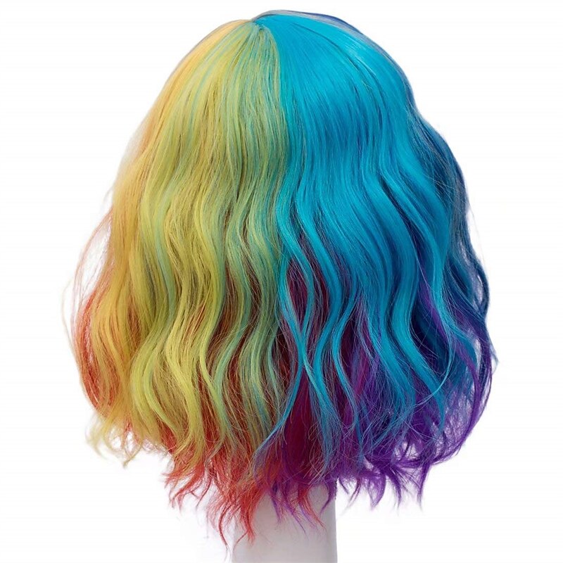 Women 16 Inches Middle Length Water Wave Rainbow Colorful Fashion Daily Cosplay Wig4