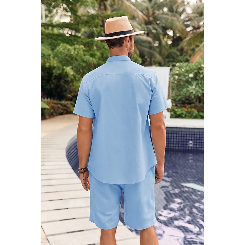 Men's 2 Piece Shirt Set Button Up Shirt Casual Shirt Summer Shirt Black White Blue Gray Short Sleeve Plain Collar Daily Vacation Clothing Apparel Fashion Casual Comfortable3