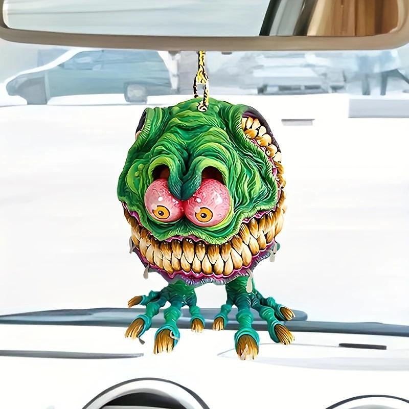 2PCS Cartoon Big Mouth Monster Car Pendant, Acrylic Flat Doll Model, Rat Fink Crazy Mouse Driving Statue, Halloween Car Accessories, Home Decor3