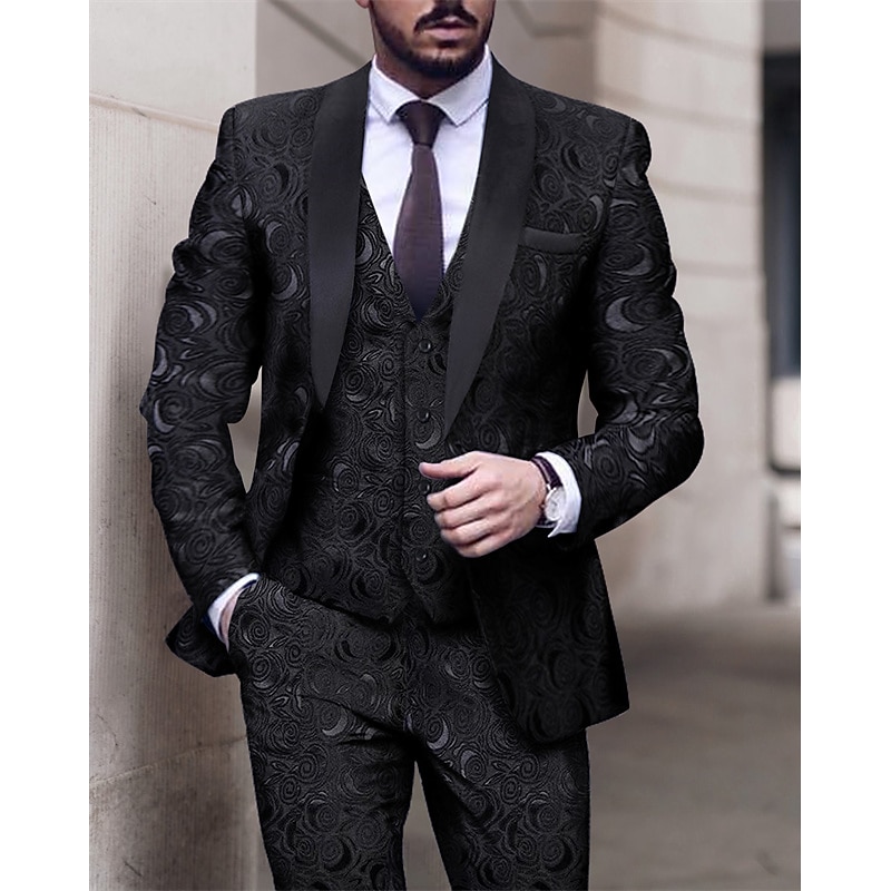 Men's Wedding Party Suits Shawl Collar Black White Patterned Tailored Fit 3 Piece Single Breasted One-button