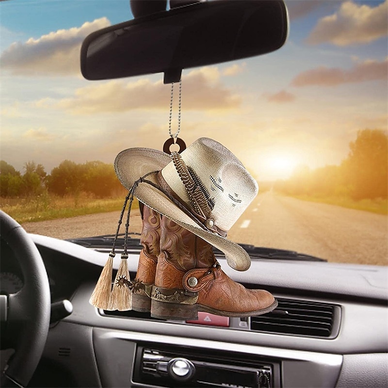 Car Rear View Mirror Ornament Auto Interior Decoration Cowboy Boots And Hats Flat Acrylic Pendant Office Home Gardening Decor