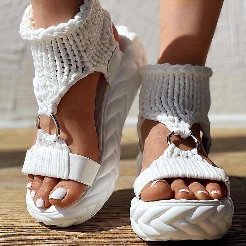 Women's Chunky Knitted Platform Sandals – Fashionable Open-Toe Wedges with Ring Detail, Perfect for Summer and Casual Wear
