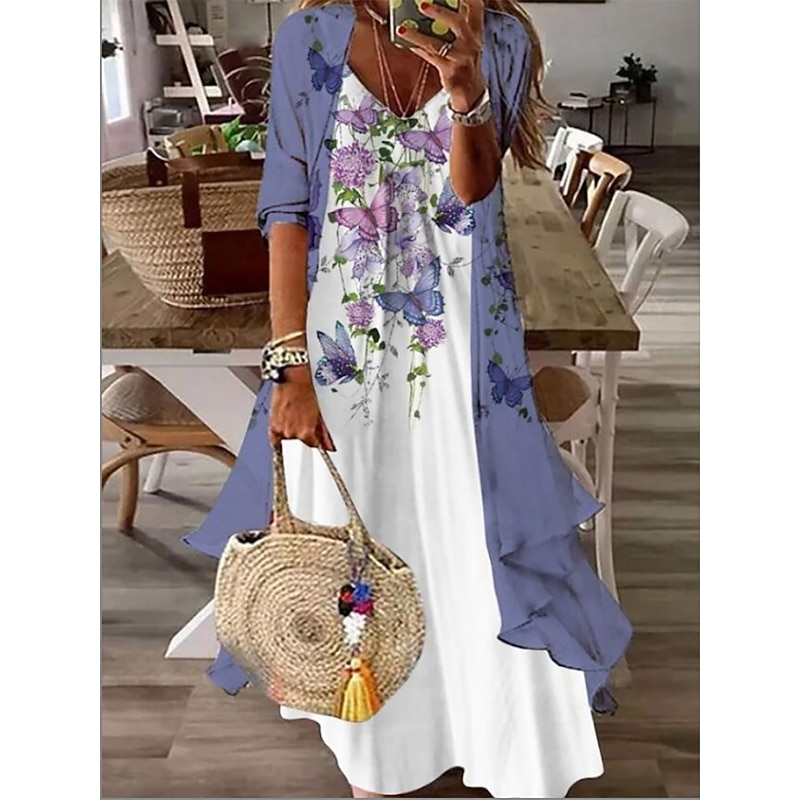 Women's Dress Set Casual Dress Print Dress Fashion Casual Floral Print Long Dress Maxi Dress 3/4 Length Sleeve V Neck Outdoor Vacation Pink Blue Sky Blue Summer Spring Regular Fit