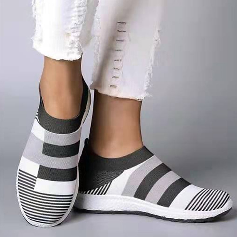 Women's Casual Slip-On Breathable Pink and Gray Striped Sneakers - Comfortable Walking Shoes 5