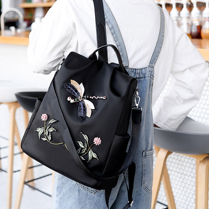 Women's Commuter Backpack Oxford Cloth Daily Embroidery Zipper Large Capacity Animal Flower Wine Black khaki3