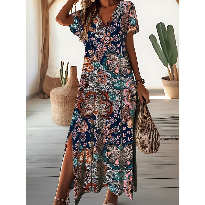 Women's Maxi Dress Floral Ditsy Floral Split Print V Neck Daily Vacation Short Sleeve Summer Spring4