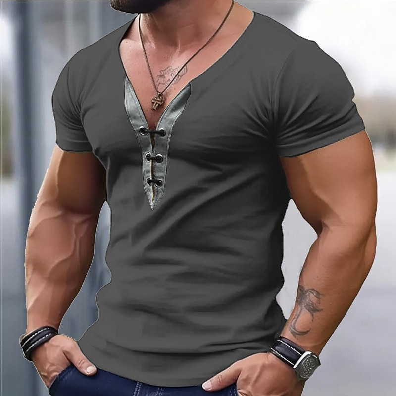 Men's T Shirt Tee Top Long Sleeve V Neck Spring & Summer Plain Fashion Designer Basic Lace up Vacation Street Going out Black Blue Green Top Tee for Men