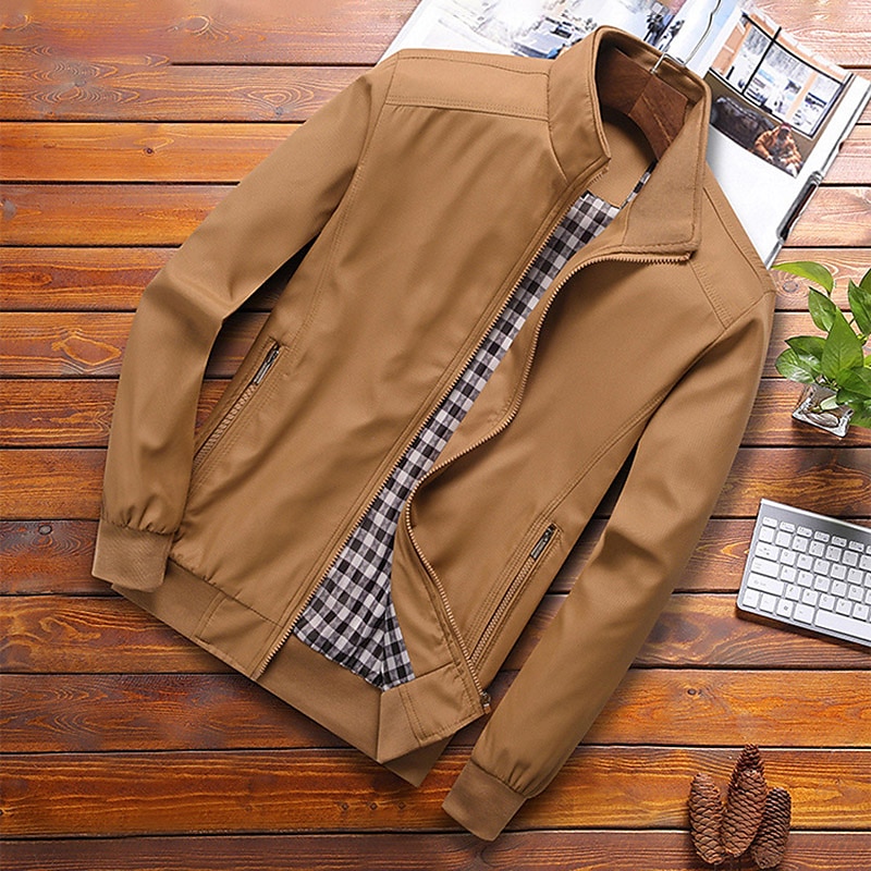 Men’s Jacket Business Daily Windproof Pocket Spring Autumn Plain Fashion Casual Stand Collar Regular Black Blue Green khaki Jacket 2024 – GBP £25