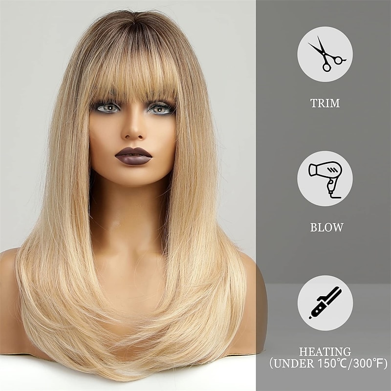 Ombre Blonde Long Straight Wig with Bangs Dark Root Long Hair With Bangs Natural Appearance Heat-resistant Synthetic Wig Daily Play Party Suitable For Fashionable Women 20Inches4