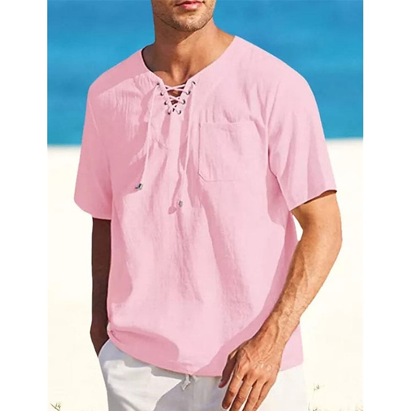 Men's Shirt Linen Shirt Cotton Linen Shirt Summer Shirt Beach Shirt Plain Vacation Casual Black White Pink Blue Short Sleeve V Neck Summer Clothing Apparel Drawstring