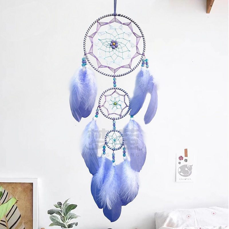Blue Dream Catcher Handmade Gift Feather Hook Flower Wind Chime Ornament Wall Hanging Decor Art Boho Style 69x16cm/27''x6.3''