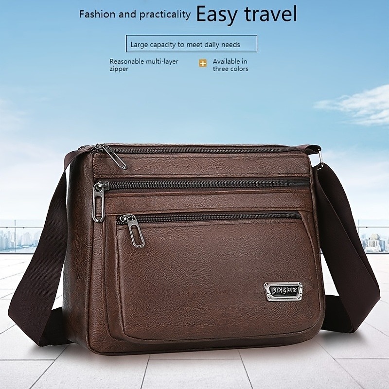 Men's Brown Faux Leather Crossbody Bag - Multi-Zipper Pockets Messenger Shoulder Bag for Everyday Use and Travel