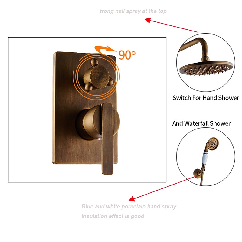 Shower Faucet Set Wall Mounted Vintage Brass, Rainfall Overhead Combo Set Bathroom Mixer Ceramic Shower Hendheld Sprayer High Pressure Black Antique4