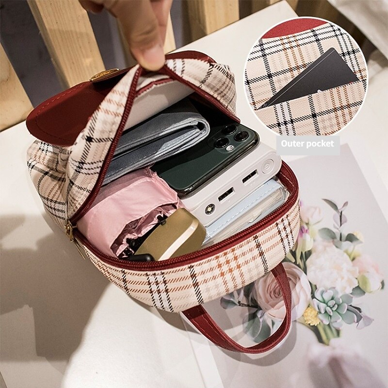 Plaid Mini Backpack with Leather Flap and Buckle – Stylish and Compact Back to School Bag in Multiple Colors4