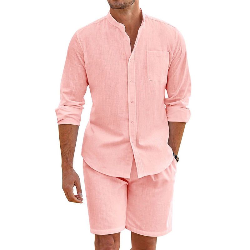 Men's Chinese Collar Shirt Mandarin Collar Shirt 2 Piece Shirt Set Summer Shirt Casual Shirt Pink Blue Green Beige Gray Long Sleeve Plain Grandad Collar Band Collar Vacation Daily Front Pocket4