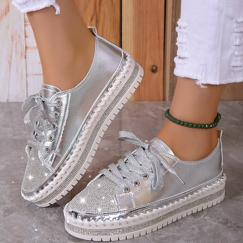 Women's Sneakers Flats Bling Bling Shoes Plus Size Platform Sneakers Party Outdoor Daily Solid Color Summer Rhinestone Flat Heel Round Toe Fashion Casual Minimalism PU Lace-up White Silver 15