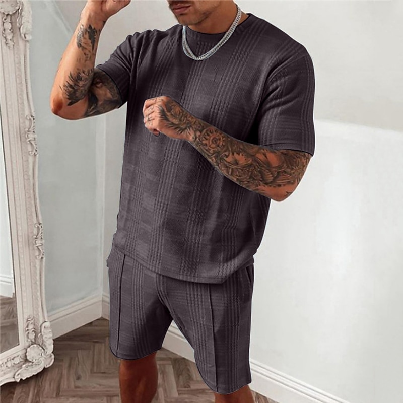 Men's T-shirt Suits Tracksuit Tennis Shirt Shorts and T Shirt Set Short Sleeves Crew Neck Summer Plaid Gymnatics Casual 2 Piece Vacation Daily Wear Activewear Black Blue Dark Green Top Tee for Men2