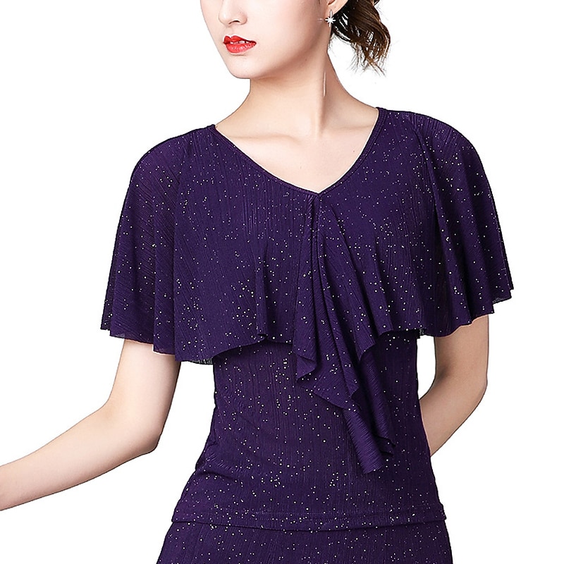 Latin Dance Ballroom Dance Top Ruffles Splicing Sequins Women's Performance Training Short Sleeve Spandex4