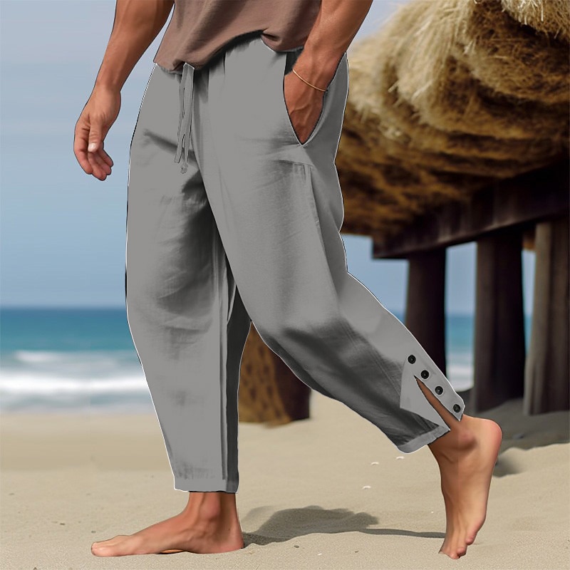 Men's Linen Pants Trousers Summer Pants Beach Pants Drawstring Elastic Waist Buttons Plain Comfort Breathable Full Length Casual Daily Holiday Fashion Classic Style White Blue4