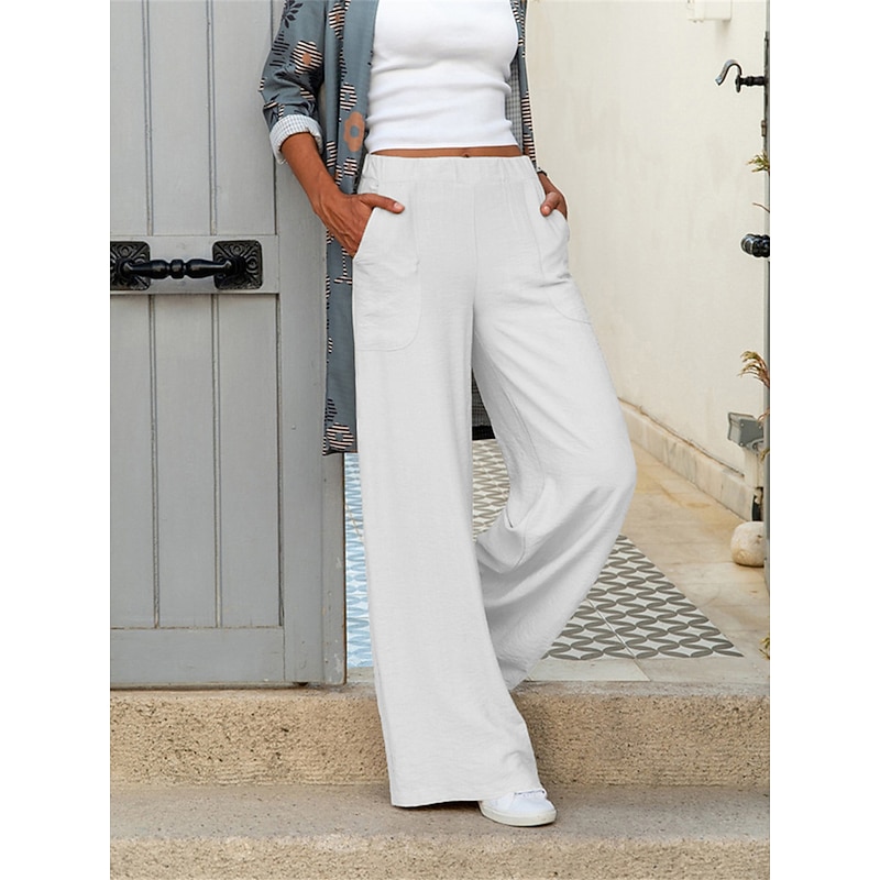 Women's Wide Leg Pants Trousers Baggy Pants Fashion Streetwear Full Length Mid Waist Plain Pocket Elastic Waist Baggy Breathability Soft Comfortable Micro-elastic Street Daily Going out Apricot Black