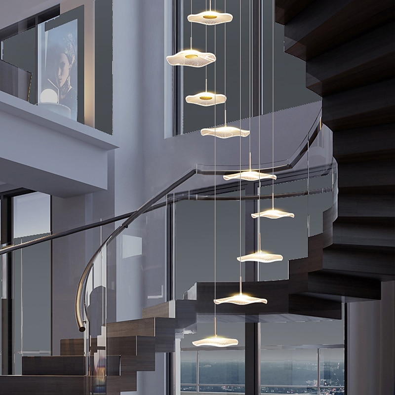 Chandelier 3/6/8/10/12 Head Modern Light Luxury Chandelier Lotus Leaf Acrylic Lamp Shade Staircase Long Chandelier Living Room Restaurant LED Light 110-240V3