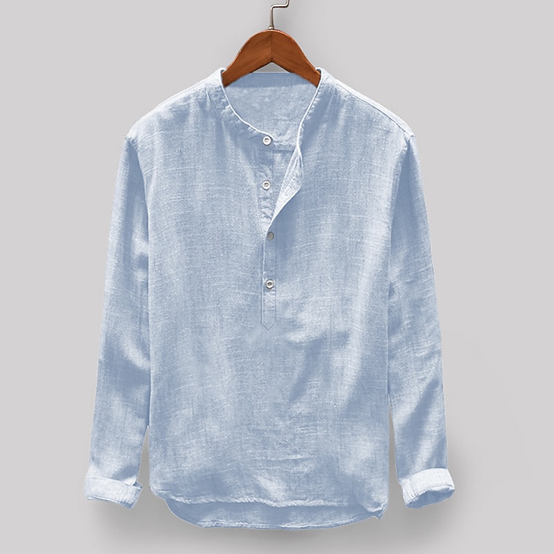Men's Shirt Linen Shirt Summer Shirt Beach Wear Band Collar Shirt Solid Color Vacation Casual Light Blue Black White Light Grey Half Sleeve Collar Clothing Apparel