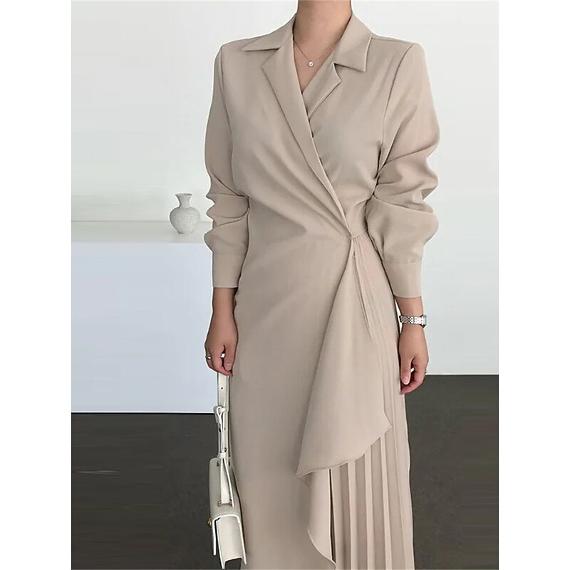 Women's Casual Dress Maxi long Dress Pleated Daily Elegant Fashion Shirt Collar Long Sleeve Black Brown Apricot Color2
