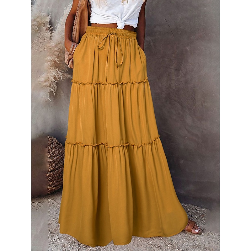 Women's Loose Skirt Maxi High Waist Skirts Ruched Ruffle Drawstring Solid Colored Street Daily Summer Polyester Cotton And Linen Fashion Casual Violet Black Yellow Red