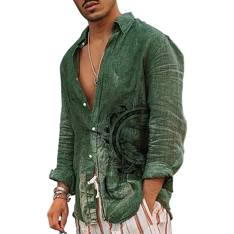 Men's Nautical Vintage Totem Shirt Button Up Shirt Long Sleeve Fashion Streetwear Designer Outdoor Casual Daily Summer Spring Fall Turndown Print Green Khaki Gray2