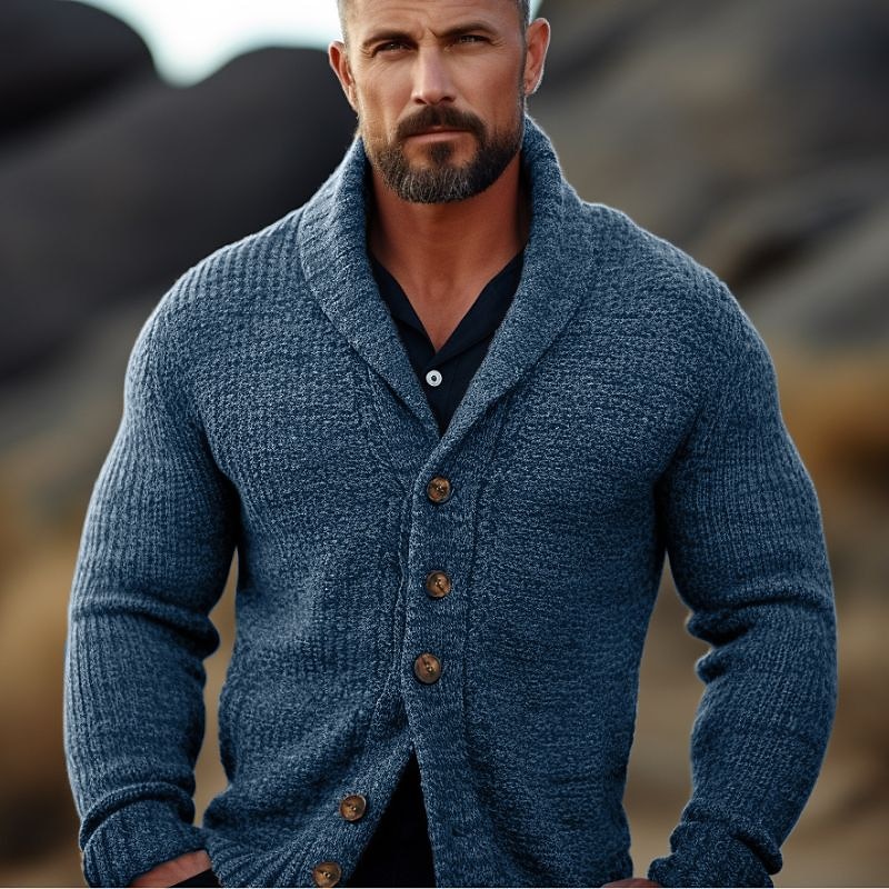 Male Cardigan Sweater Cardigan Sweater Jacket Chunky Knit Regular Buttons Solid / Plain Color Shawl Collar Clothing Apparel Fall & Winter Dark Navy Brown M L XL3