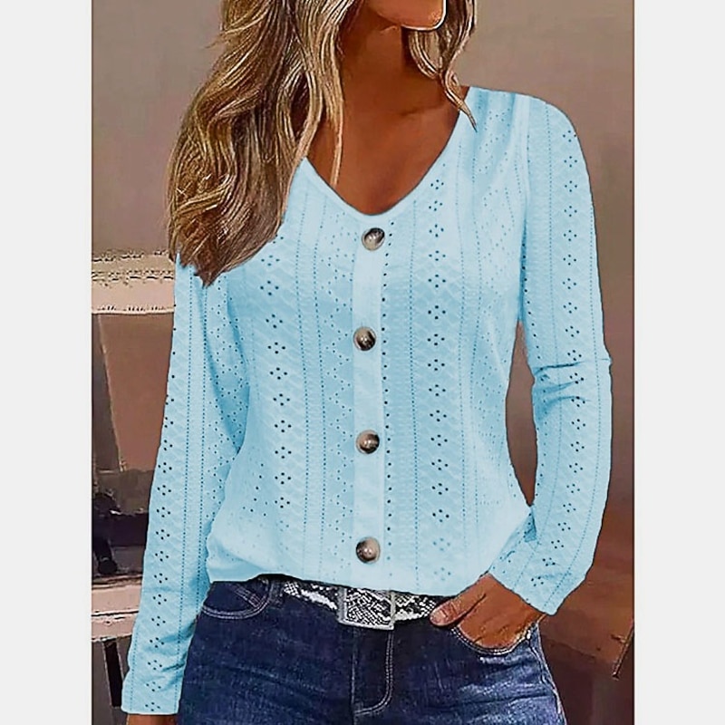 Women's White Elegant Lace Tops Eyelet Blouse Dressy Tops Fashion Basic Buttons Long Sleeve Regular Tops V Neck Casual Romantic Petite Tops Summer Holiday Wear White Light Green Light Blue Fall4