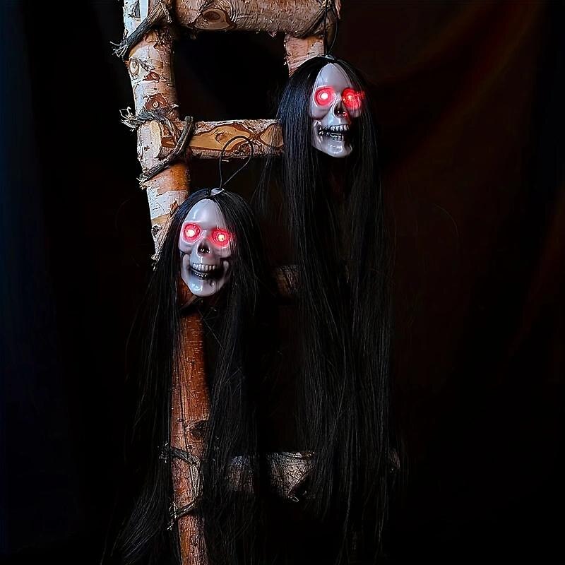 Halloween Prop Skull with LED Glowing Eyes Halloween Hanging Ghost Perfect for Halloween Party Decor Indoor Outdoor Including Button Cell4
