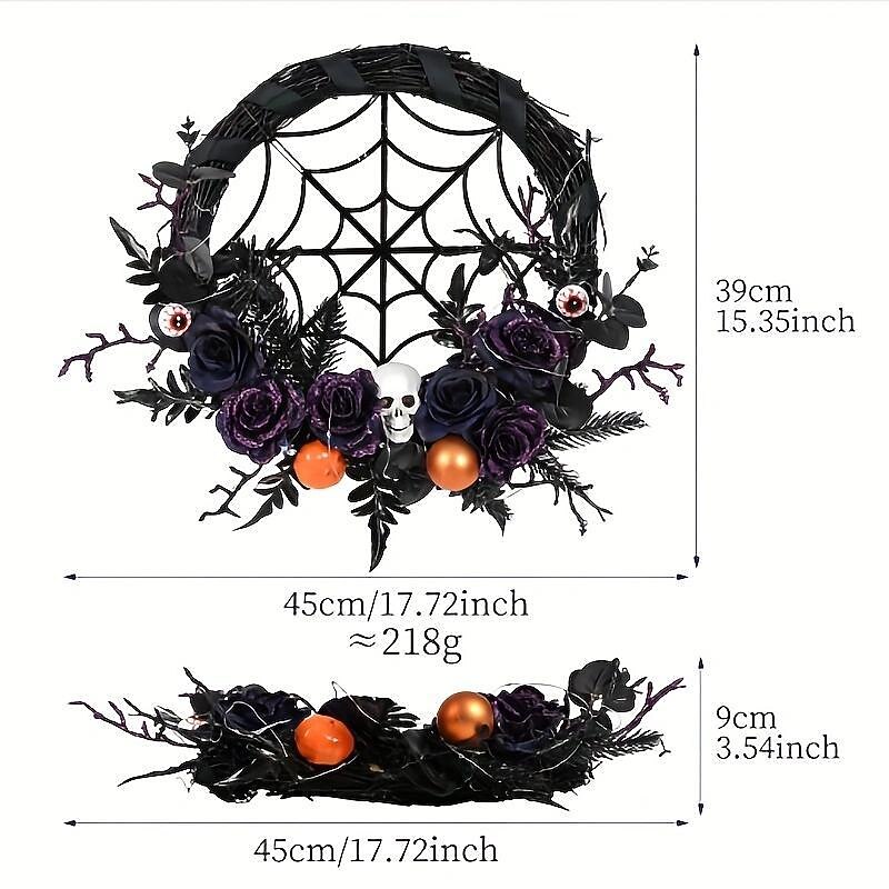 Halloween Wreath Hanging Decoration In Front Of The Door Ghost Festival Skeleton Pumpkin Maple Leaf Black Wreath With Lights3