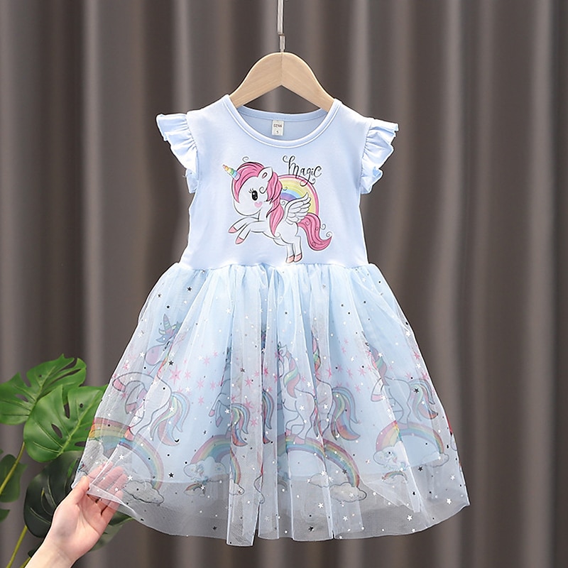 Kids Little Girls' Dress Unicorn A Line Dress Daily Holiday Mesh Print Blue Pink Knee-length Short Sleeve Princess Sweet Dresses Spring Summer Regular Fit 2-8 Years2