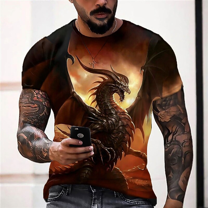 Men's Graphic Animal Dragon T Shirt Short Sleeve T shirt 3D Print Crew Neck Shirt Vintage Fashion Designer Outdoor Daily Sports Light Yellow Dark Yellow Black Spring & Summer Clothing Apparel S M L2