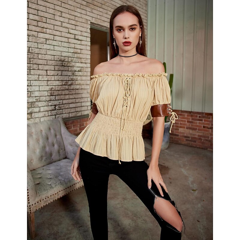 Women's Medieval Blouse Renaissance Victorian Retro Vintage Half Sleeve Lace-Up Boho Off Shoulder Tops3