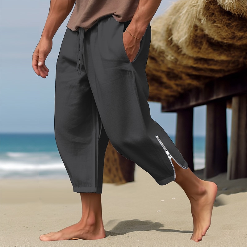 Men's Linen Pants Summer Pants Beach Pants Drawstring Elastic Waist Zip Leg Plain Comfort Breathable Casual Daily Holiday Fashion Classic Style Black White2