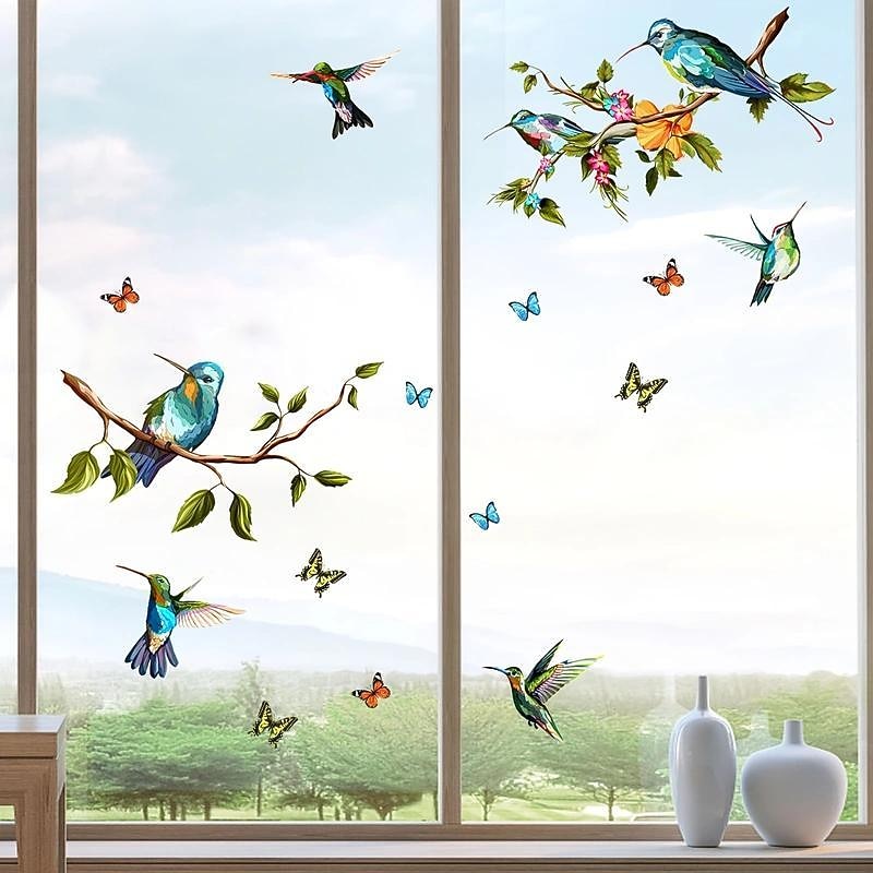 1 Set Of Hummingbird Wall Decals, Peel And Stick, Bird Flower Wall Stickers Decor, Butterfly, Plant Vinyl Glass Wall Decals For Home, Removable Stickers For Bedroom, Window4