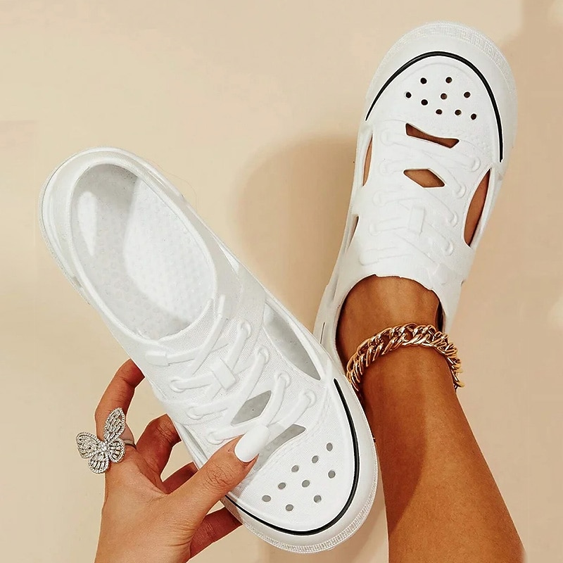 Women's White Slip-On Hollow-Out Sneakers with Lace-Up Design – Lightweight and Breathable Casual Shoes for Summer and Everyday Wear