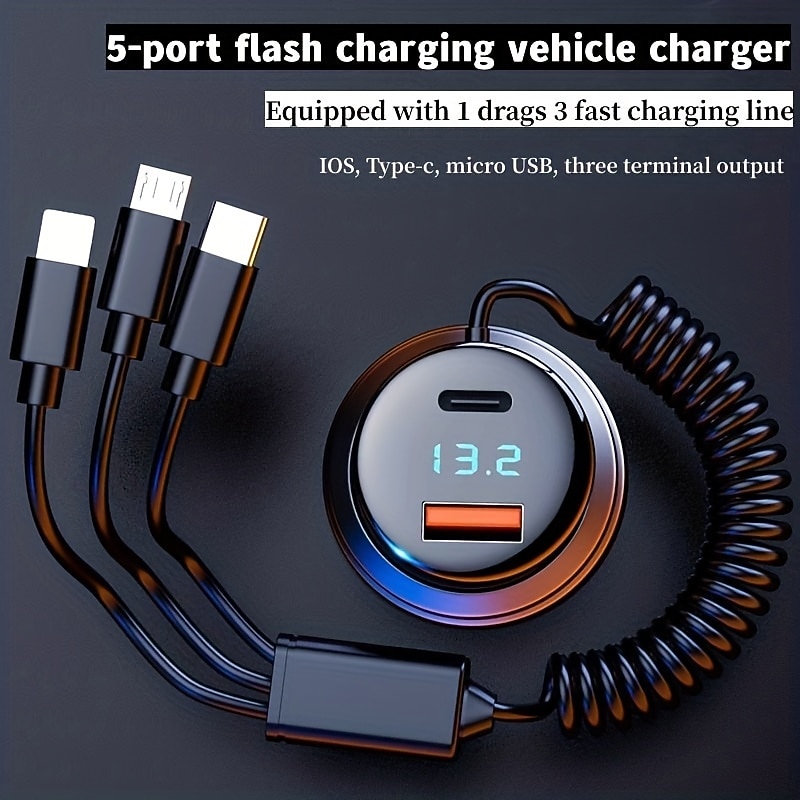 Fast Phone Car Charger Adapter USB C 5-port 230W Charging With 3 In 1 Cable For IPhone 14 Pro Max 13 12 Samsung Galaxy S23/22 Google Pixel2