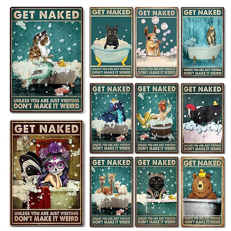 1pc Animal Metal Tin Sign Get Naked Vintage Tin Sign Wall Decor, Painting Wall Hanging For Bathroom Living Room Toilet Wall Decor Beer Bar Home Decor Wall Art Metal Tin Sign 20x30cm/8''x12''