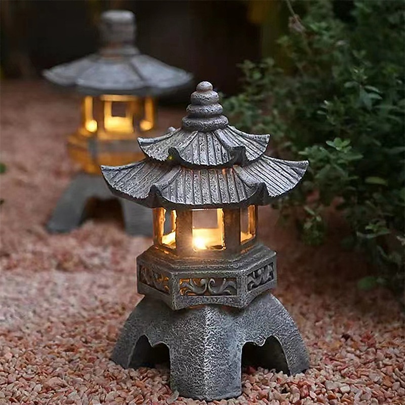 Zen Garden Ornaments - Solar Powered Pathway Tower Statue, Palace Lantern & Stone Pagoda Solar Lamp for Outdoor Decoration