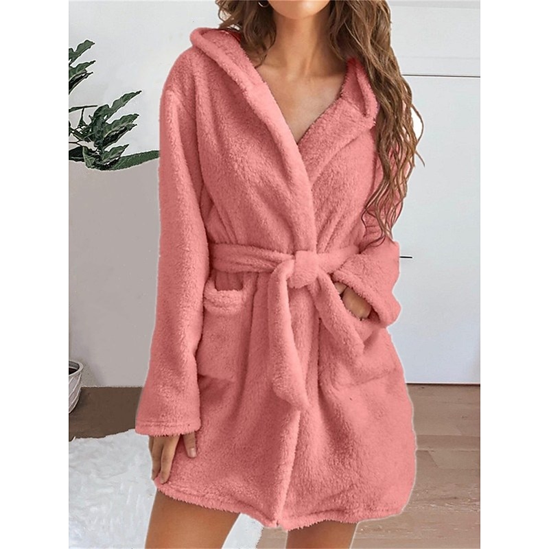 Women's Pajamas Robe Bathrobe Robes Gown Pure Color Casual Comfort Soft Home Daily Bed Coral Fleece Coral Velvet Terry Warm Hoodie Long Sleeve Pocket Fall Winter Home Outfits3