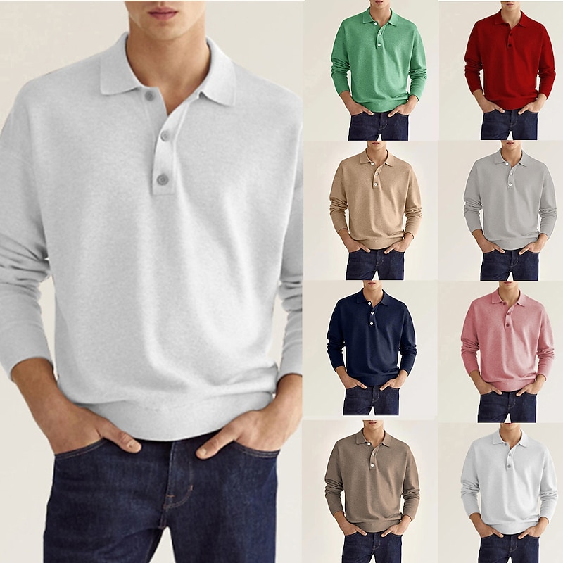 Men's Golf Shirt Knit Polo Street Casual Polo Collar Classic Long Sleeve Fashion Casual Solid Color Plain Button Front Simple Spring &  Fall Regular Fit Black White Light Green Pink Wine Navy Blue