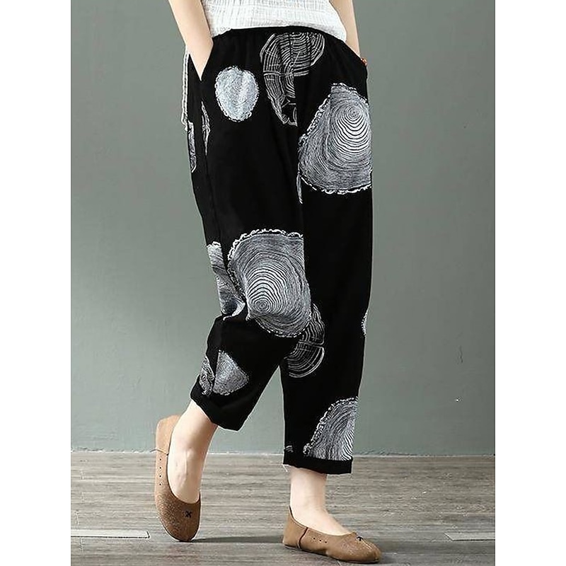 Women's Cotton Linen Shorts Linen-Inspired Pants Cotton Linen Pants Fashion Streetwear Ankle-Length Mid Waist Geometic Flower Pocket Elastic Waist Baggy Breathability Soft Comfortable Micro-elastic