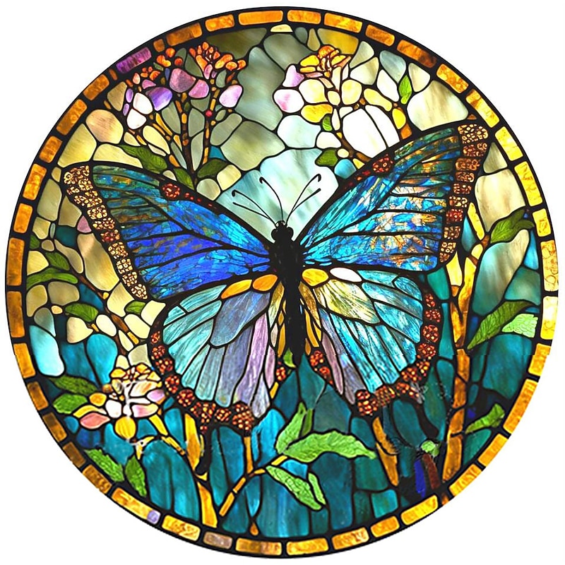 Butterfly Faux Stained Glass Window Cling Suncatcher, Round Dragonfly Wreath Glass, Butterfly Wreath Acrylic Plate Decoration2